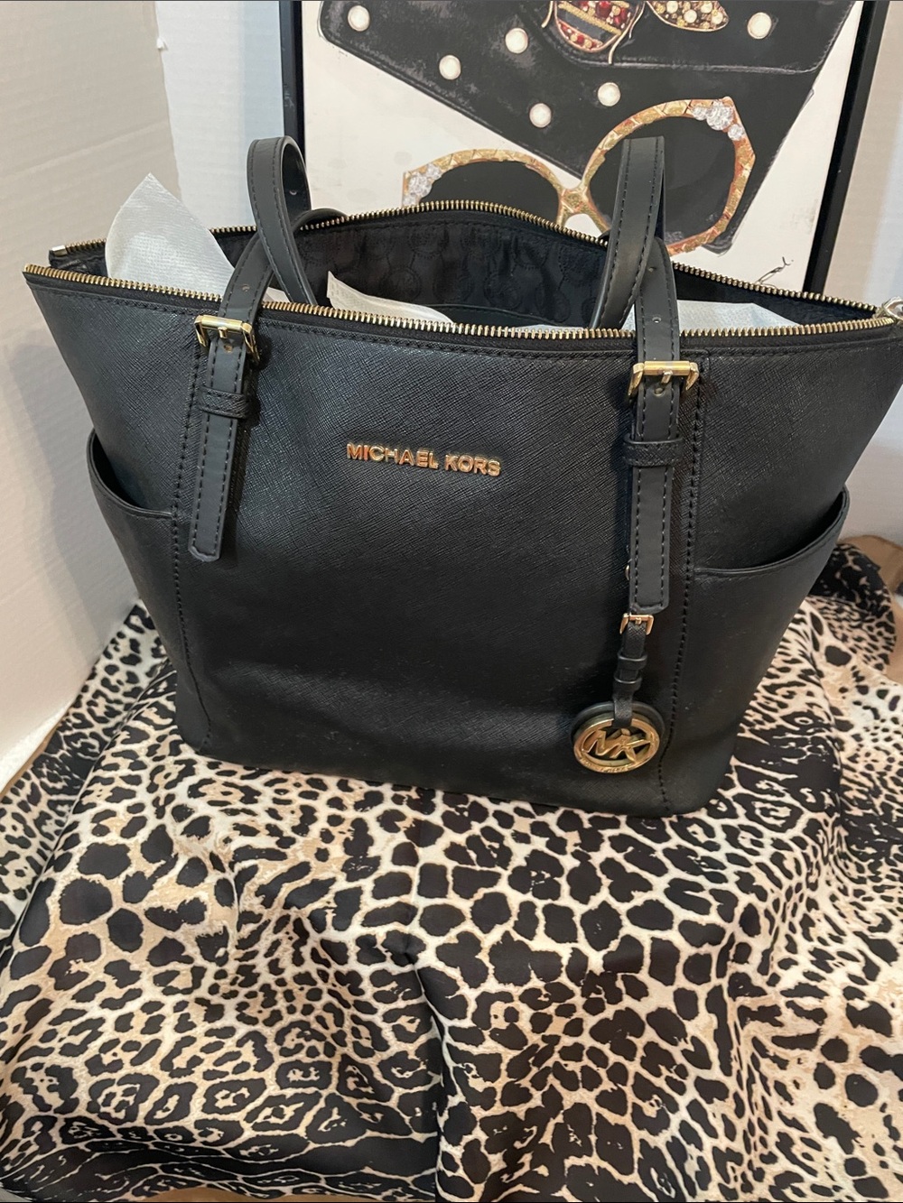 Michael Kors Black Leather Logo Tote with Gold Hardware - Picture 2 of 13